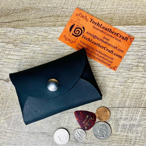 Leather Pouch, Business Card Holder, Rectangular Coin Pouch. Oil tan Black - Picture 3 of 7